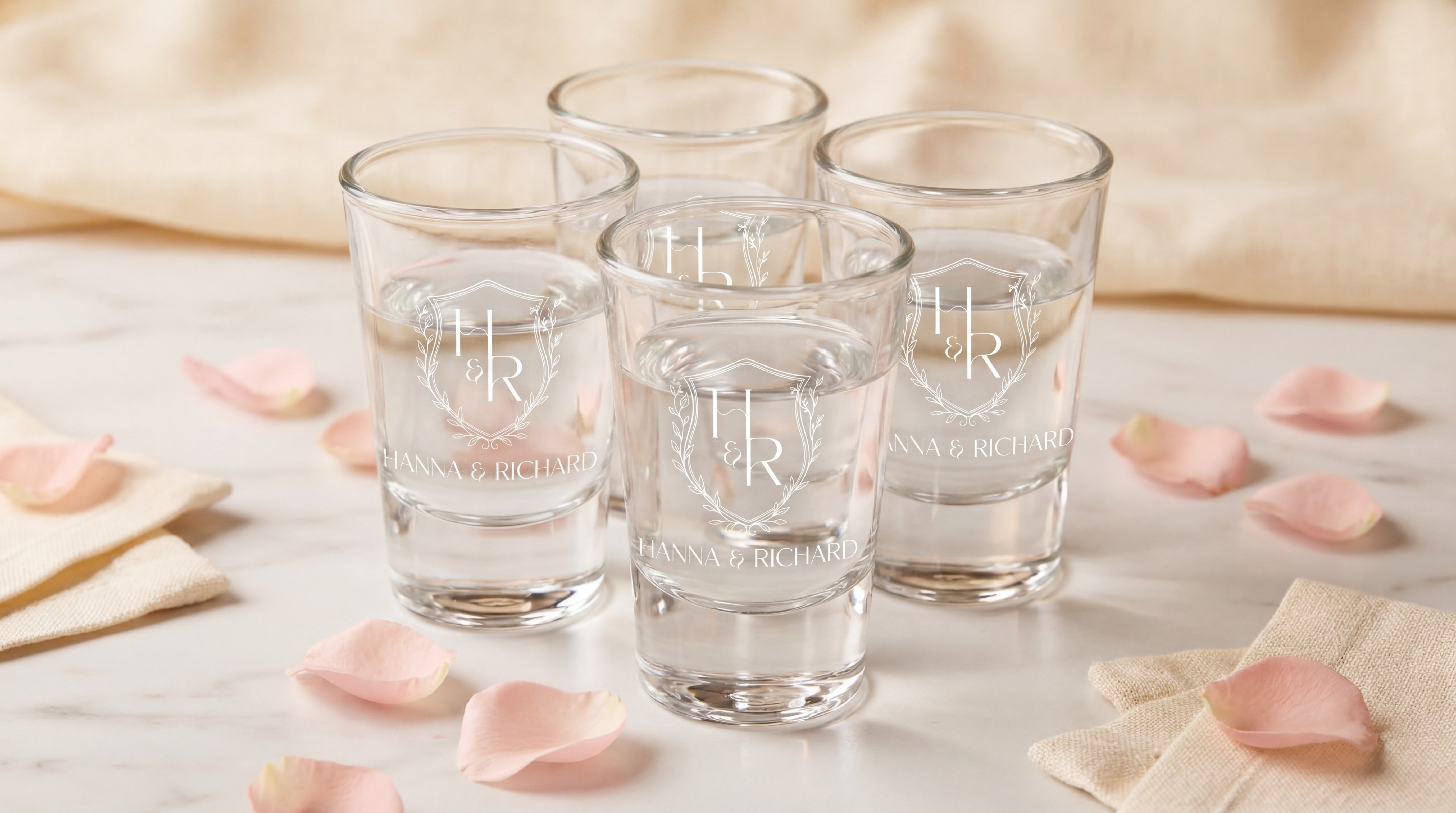 Bespoke Laser-Engraved Wedding Shot Glasses (Set of 6)  | 2 oz Heirloom Clear Glass Favors