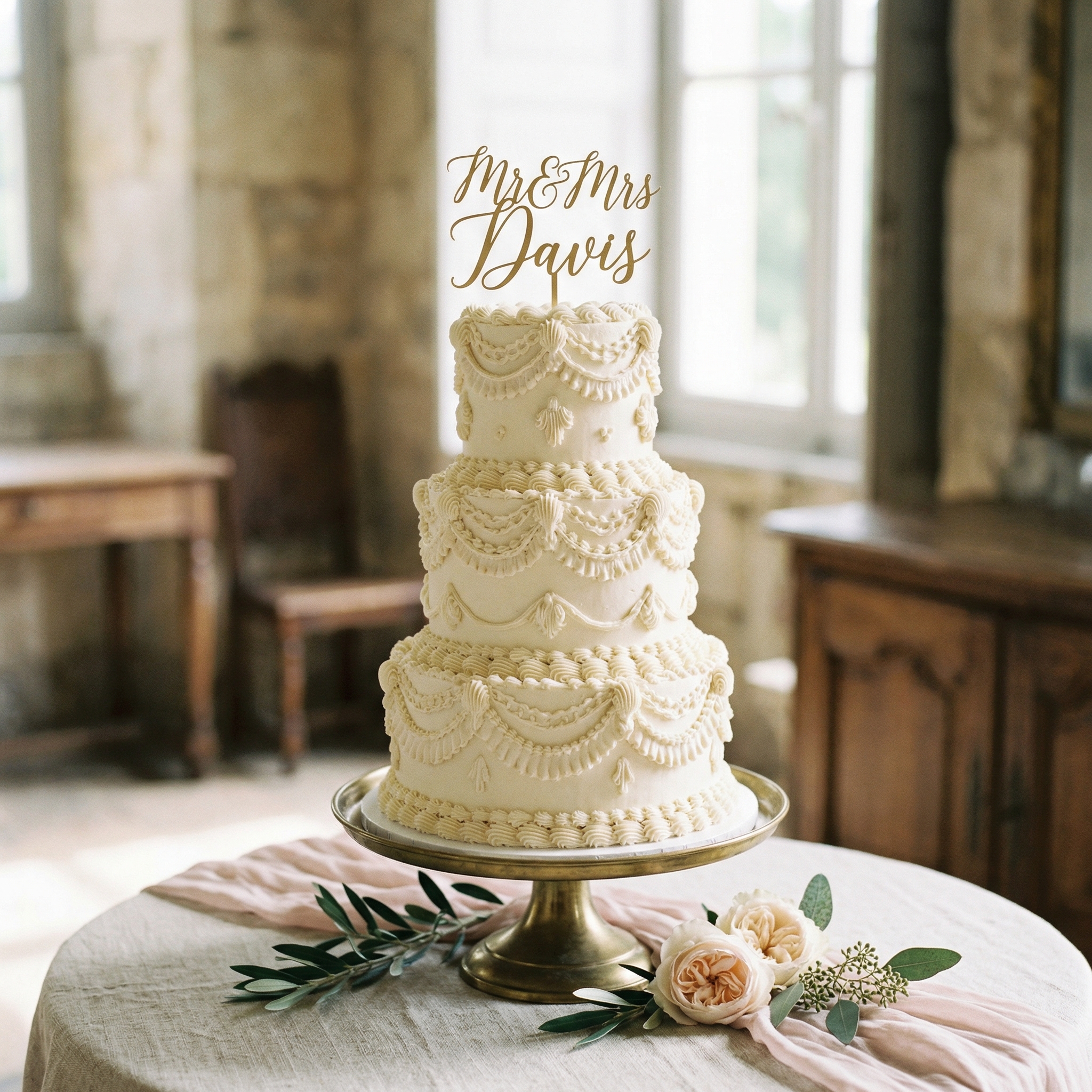 Personalized Heirloom Wedding Cake Topper | Custom Calligraphy Mr. & Mrs. Centerpiece