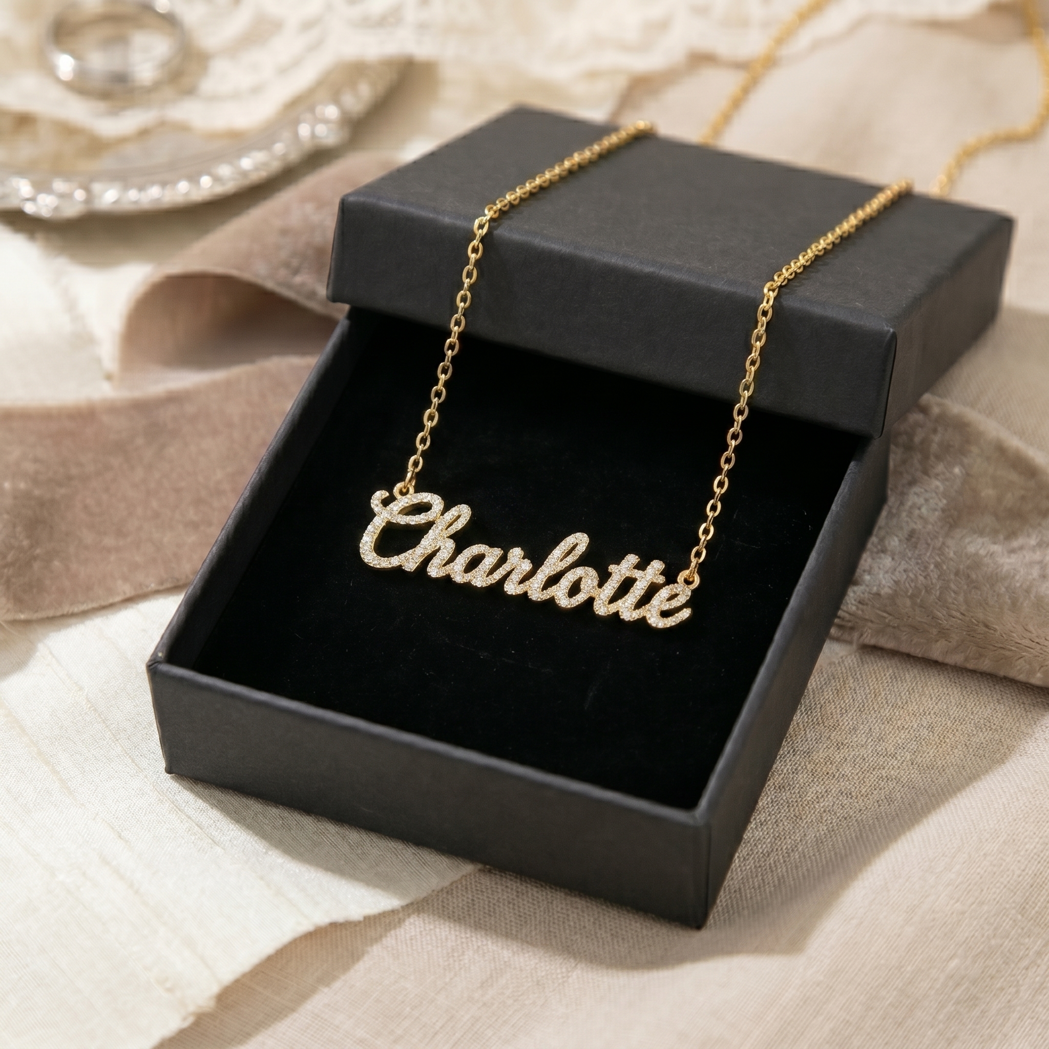 Bespoke Diamond gold Name Necklace | Heirloom Script Pendant