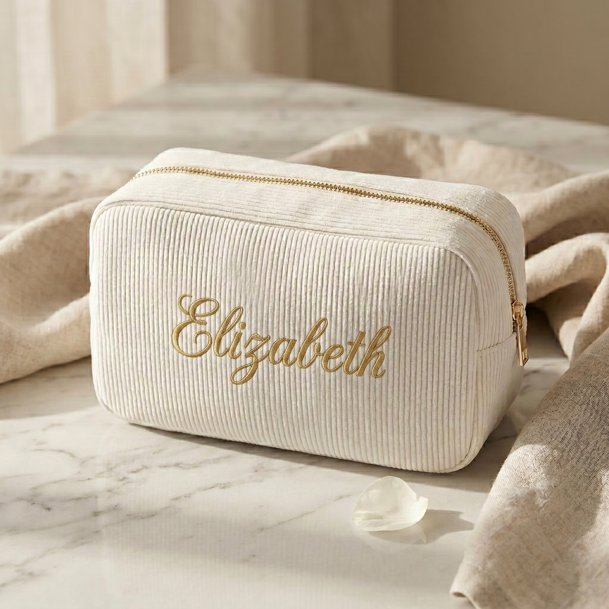 Custom Cream Cosmetic Pouch | Personalized Bridal Party Gift 