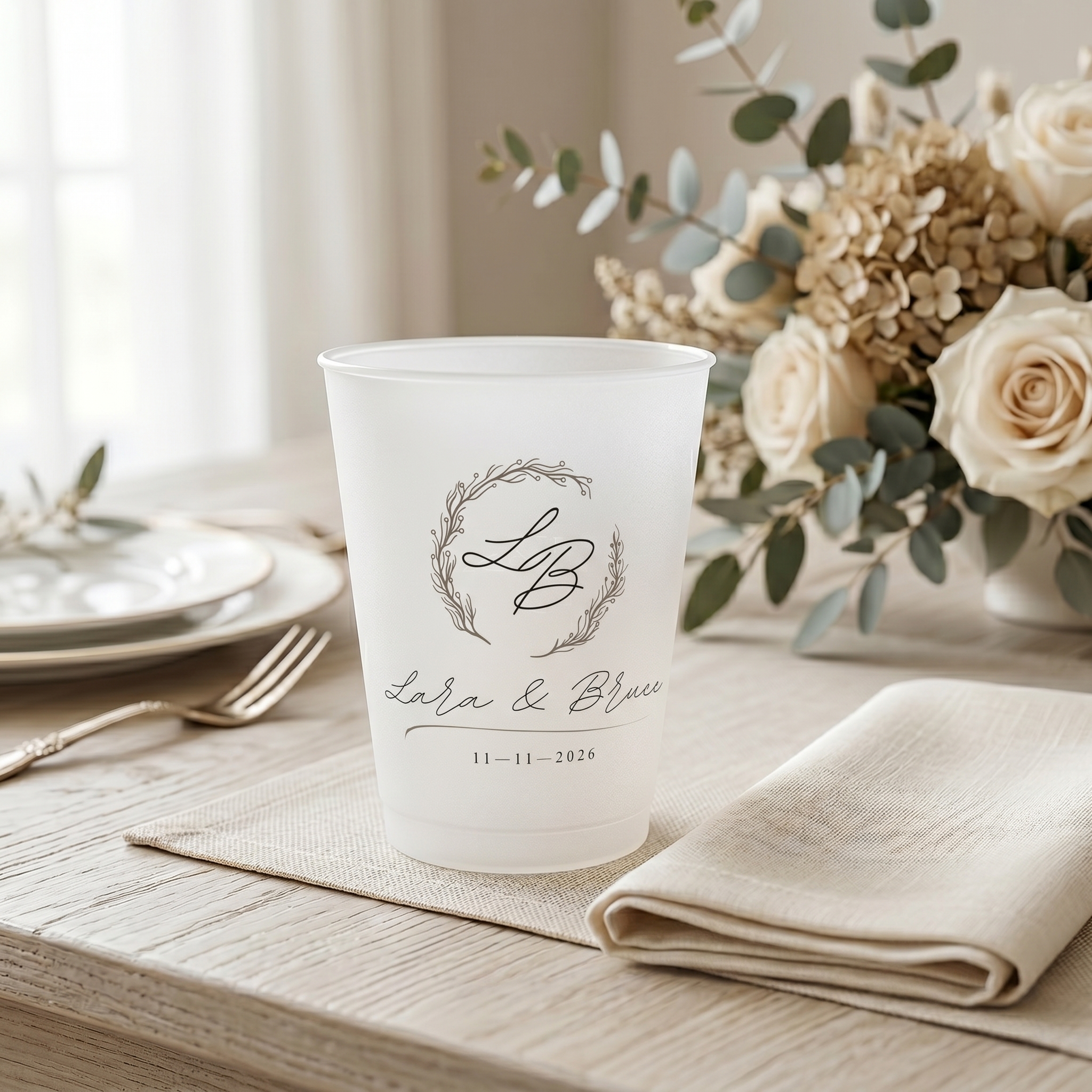 Bespoke Frosted Acrylic Wedding Cups | Personalized Heirloom Drinkware  14 oz ( Pack of 10)