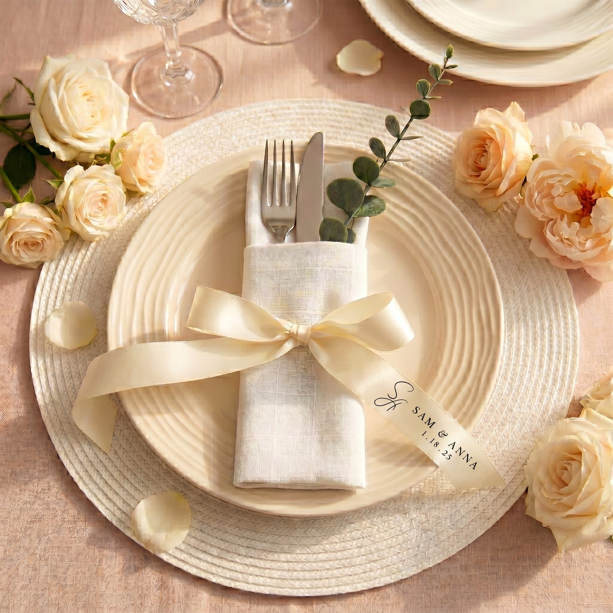 Bespoke Satin Place Setting Ribbons | Custom Foil Heirloom Bows ( Pack of 100)