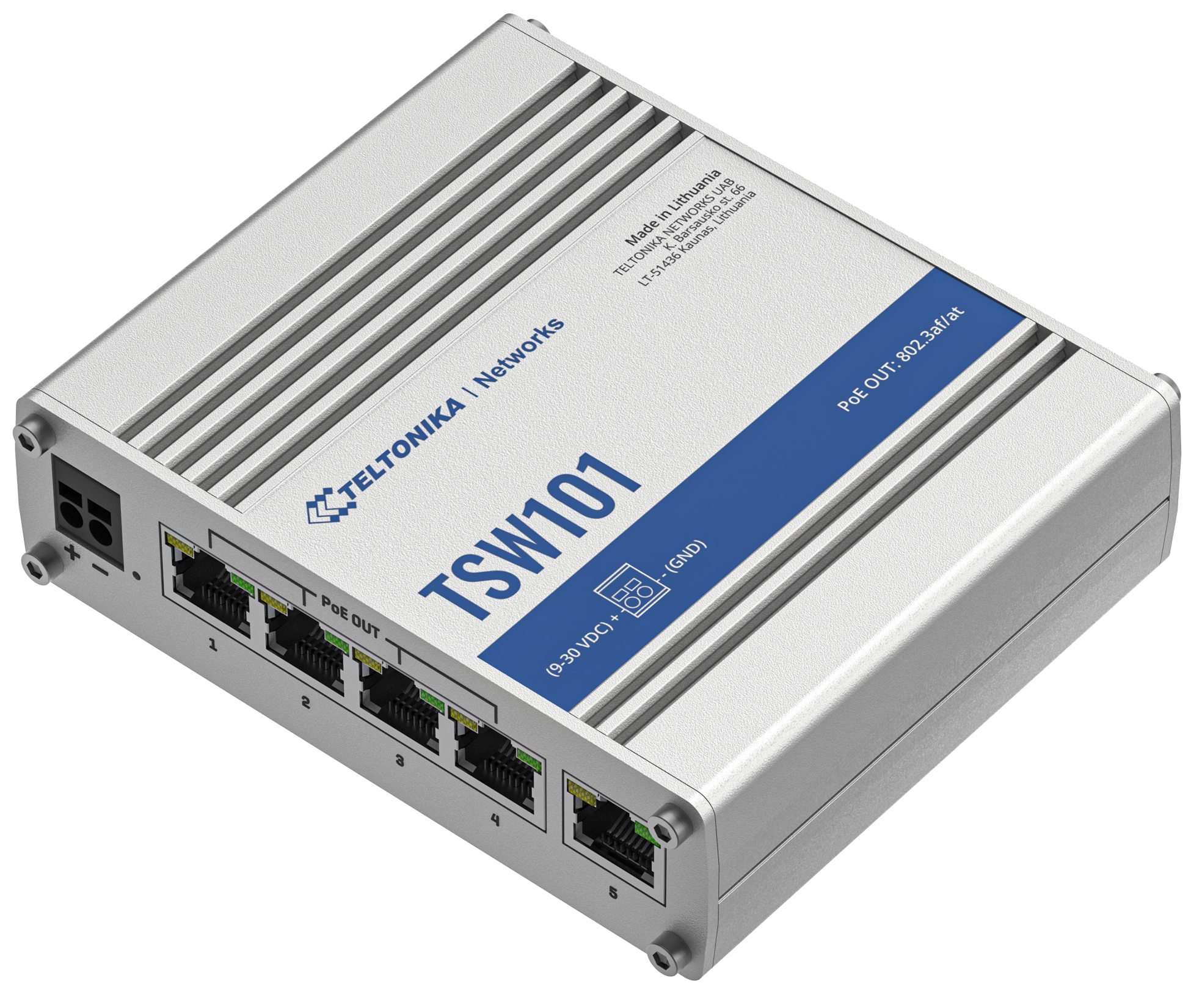 TSW101 – Switch no gestionable, 5xGbE, 4xPOE 802.3at/af (9-30VDC powered)