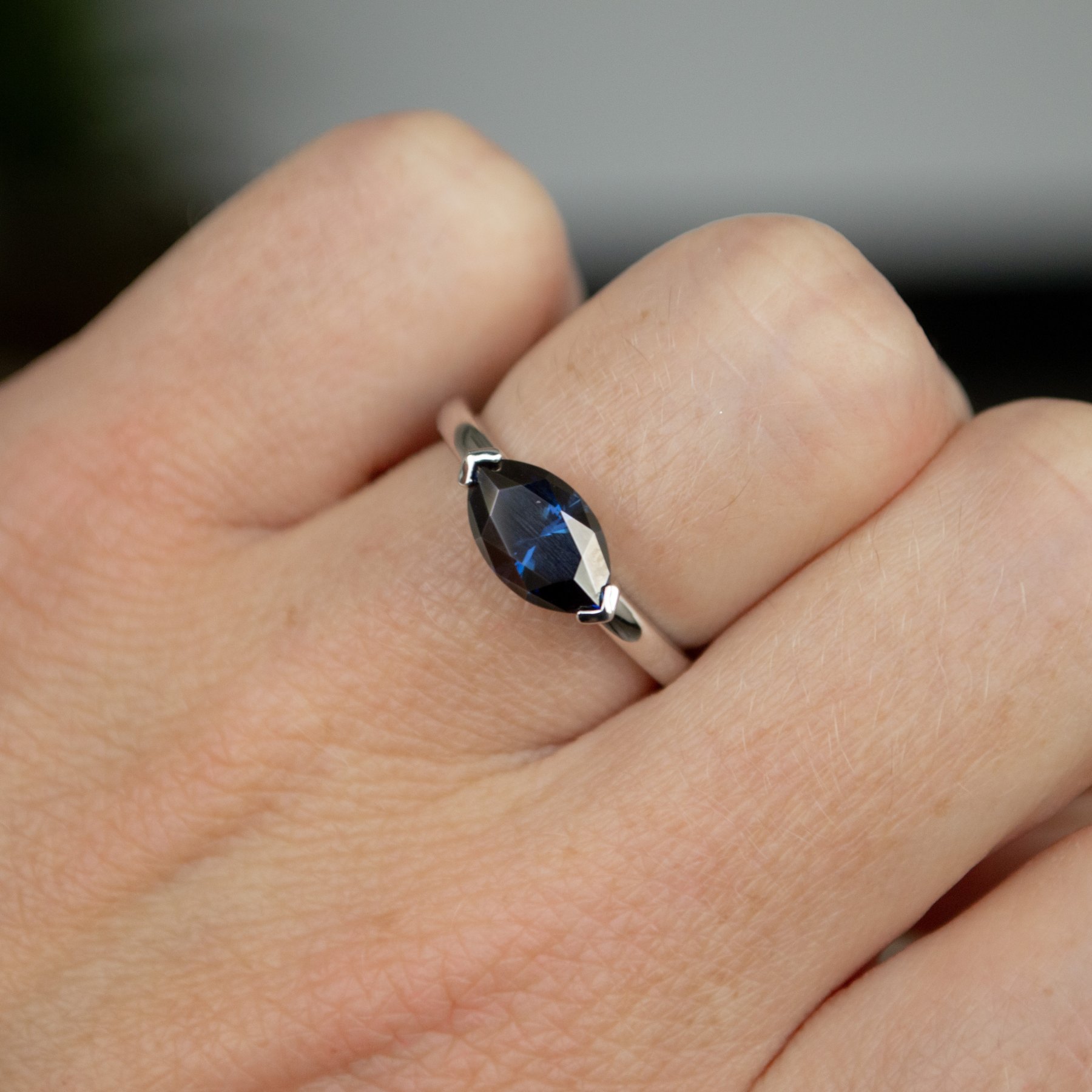 Blue Marquise East-West Solitaire Corner Rub Set Engagement Ring