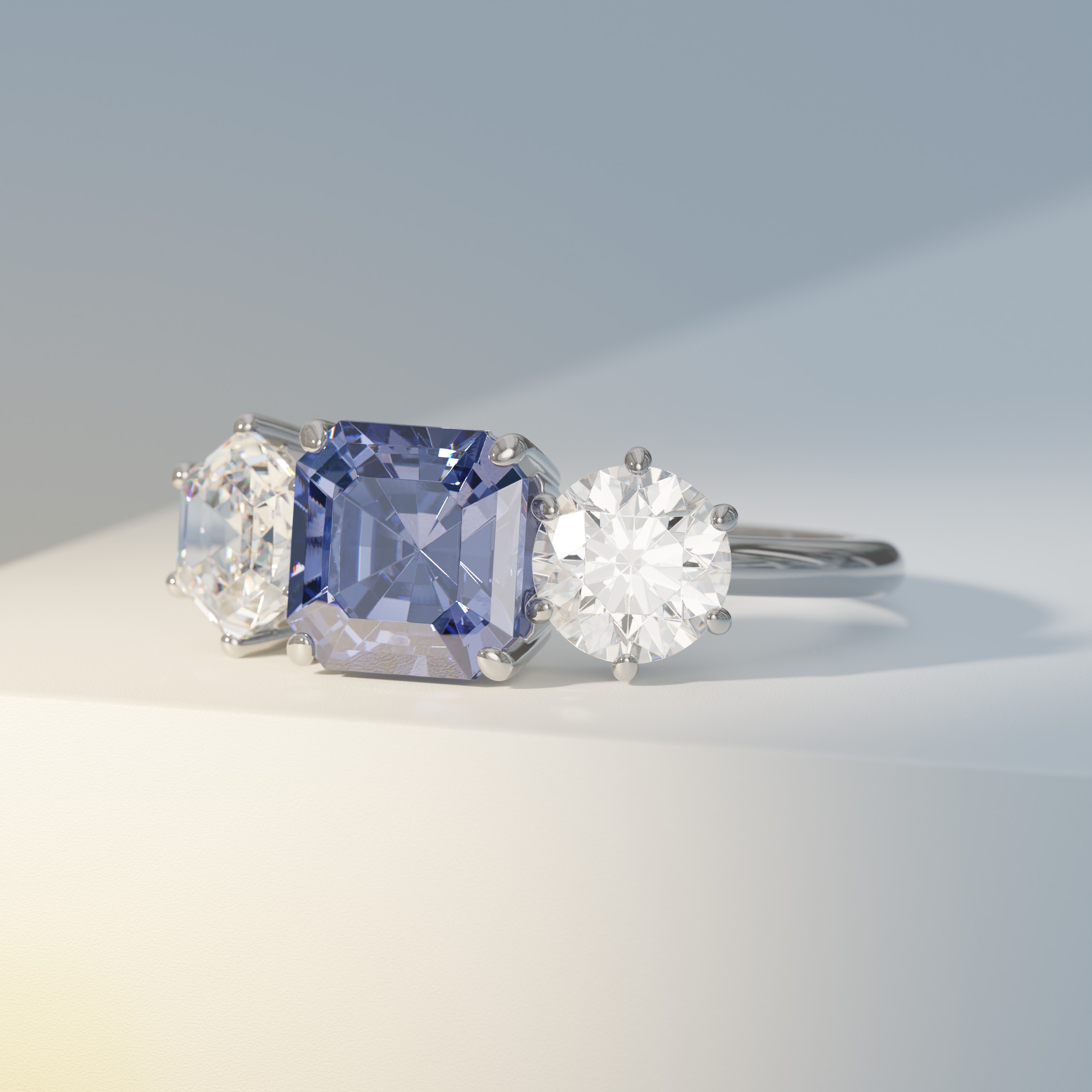 Lilac Asscher 3 Stone with Round & Hex Accents