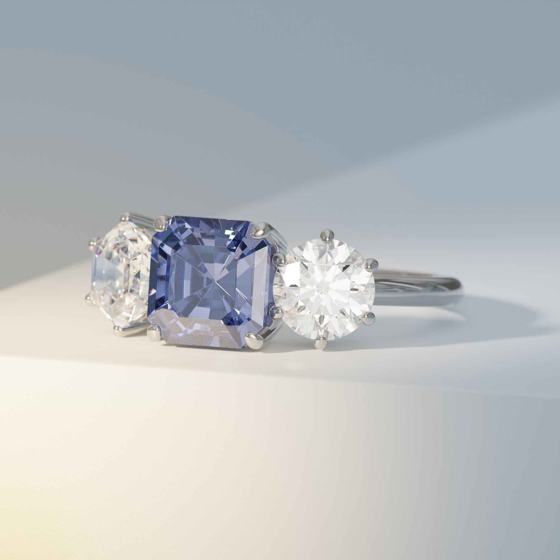 Lilac Asscher 3 Stone with Round & Hex Accents