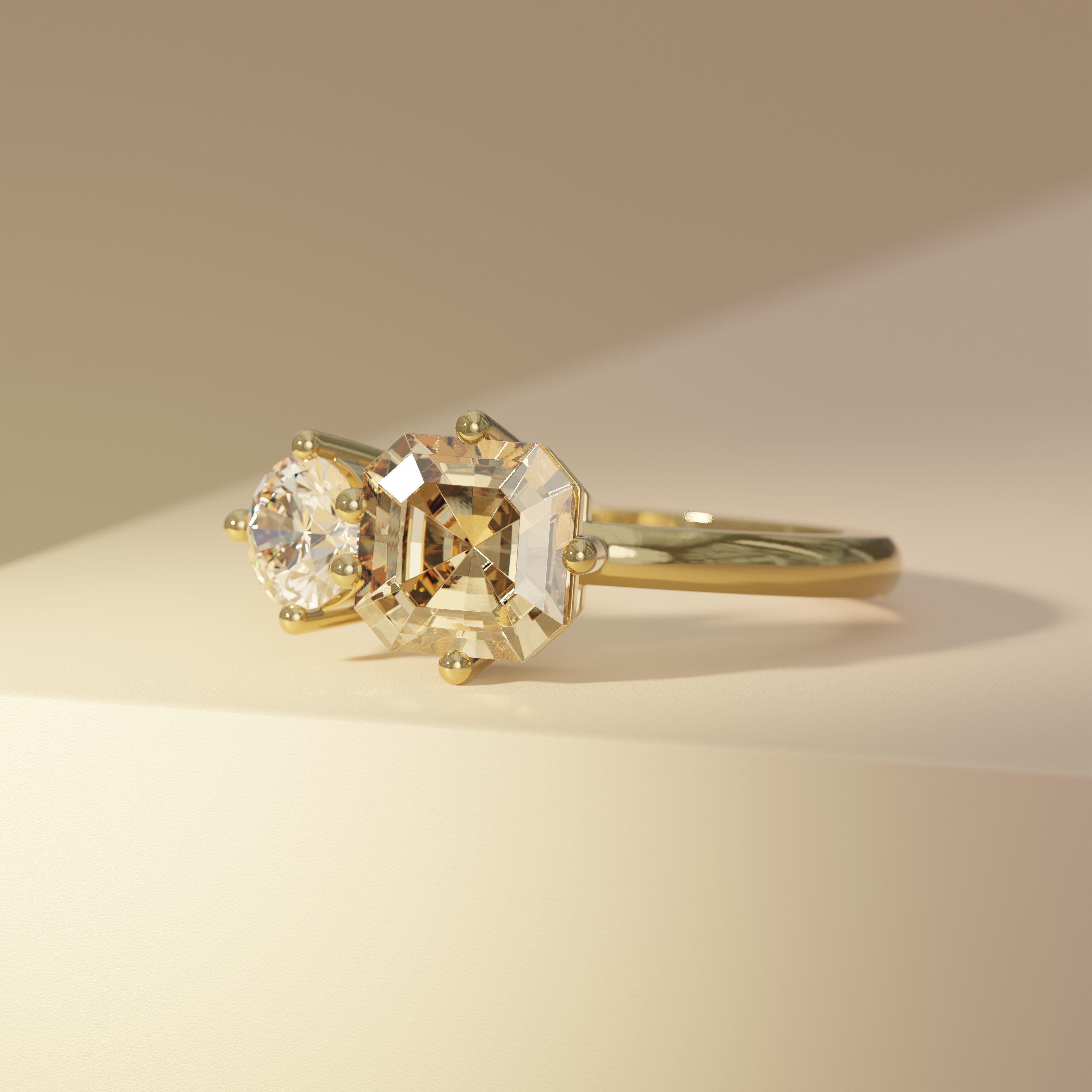 1.7ct Champagne Asscher and 0.5ct Round Moi et Toi