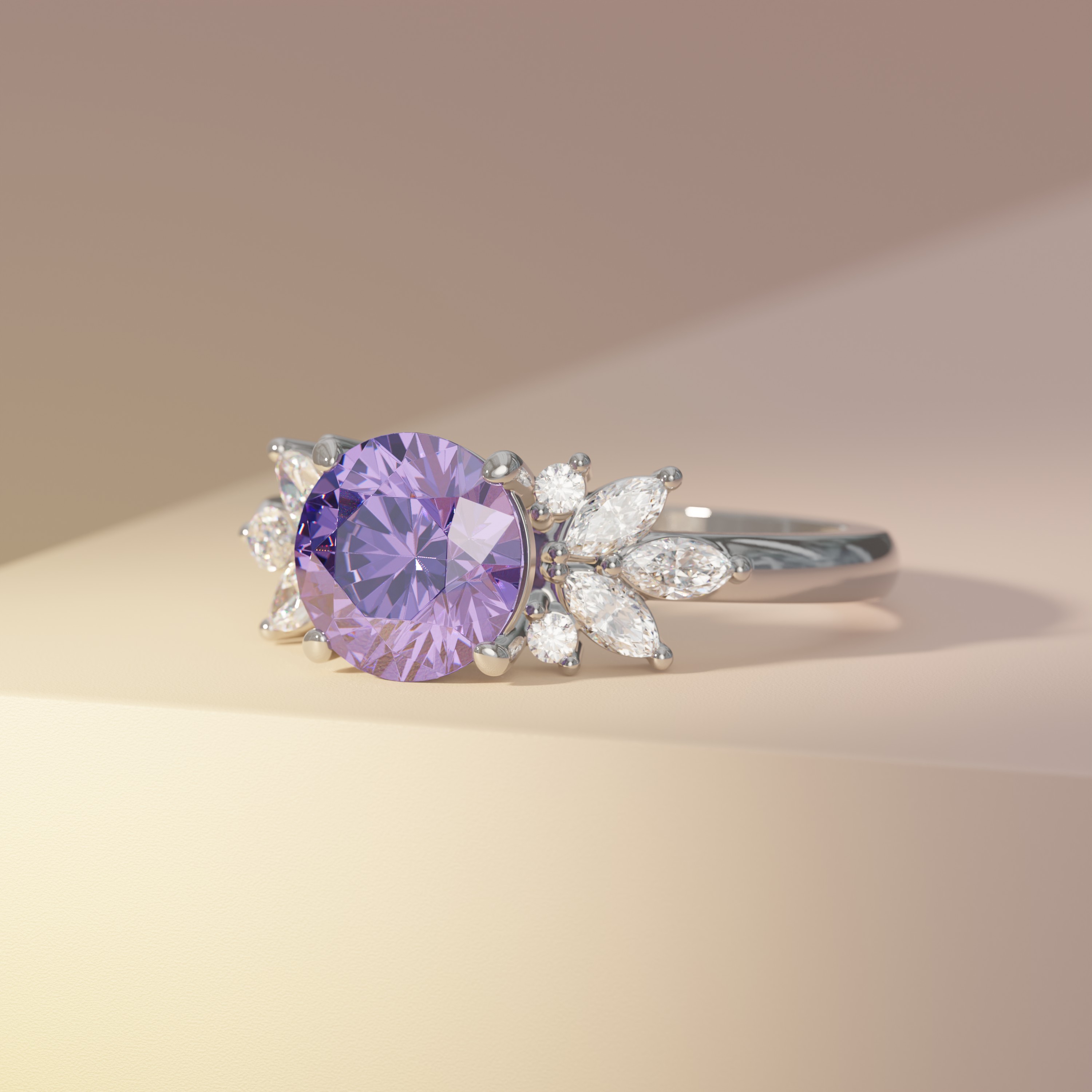 Round Purple Sapphire Cluster with Diamond Accents