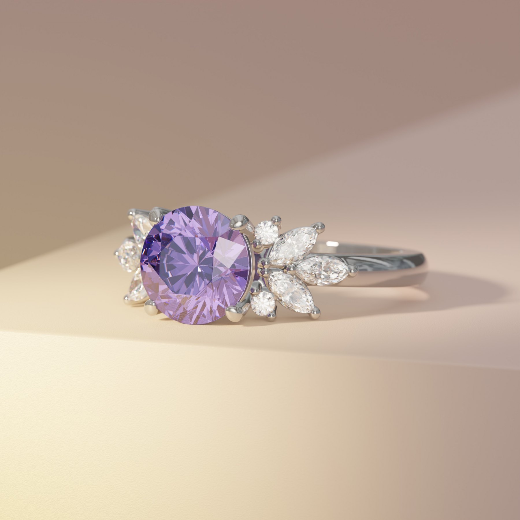 Round Purple Sapphire Cluster with Diamond Accents