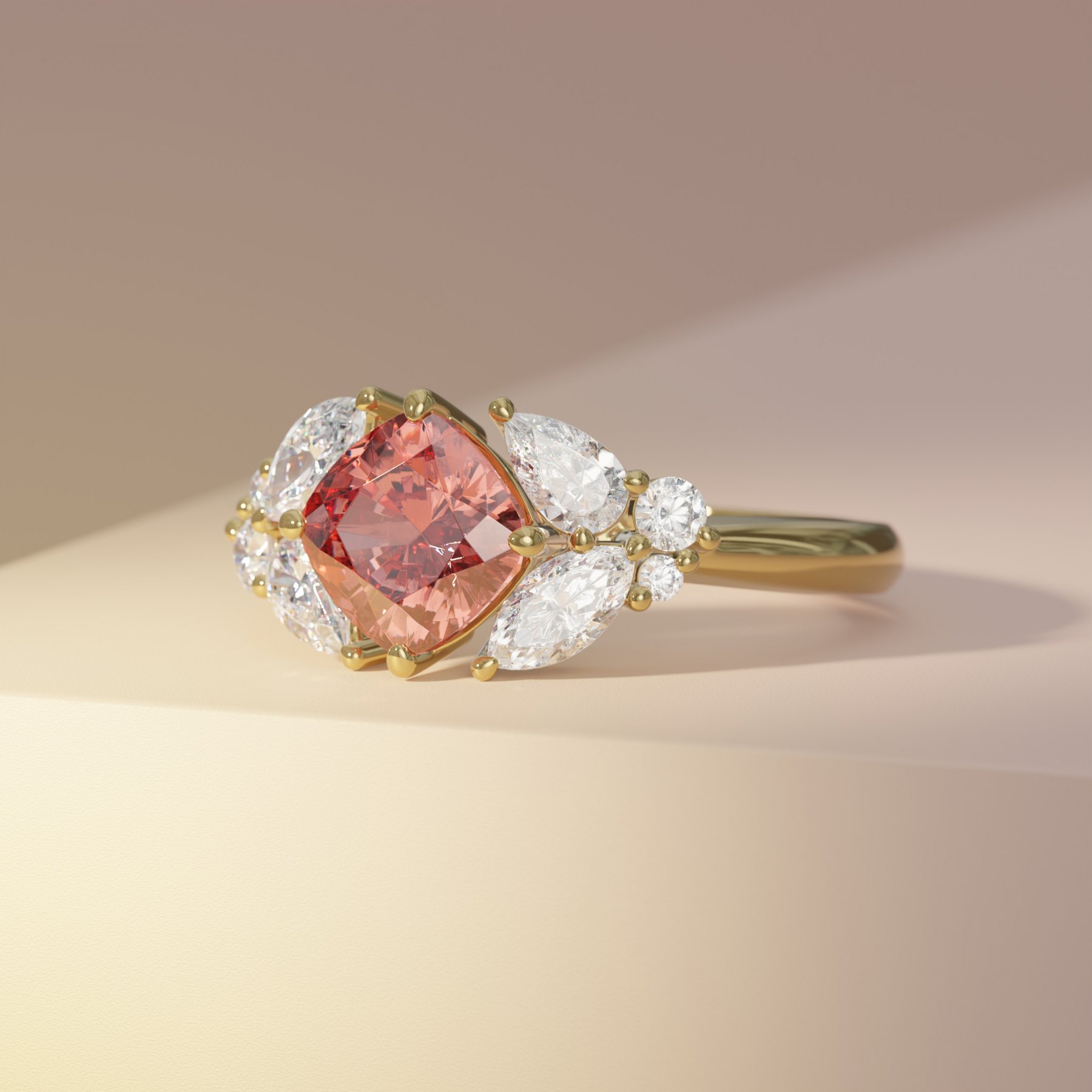 Padparadscha Cushion with Diamond Cluster
