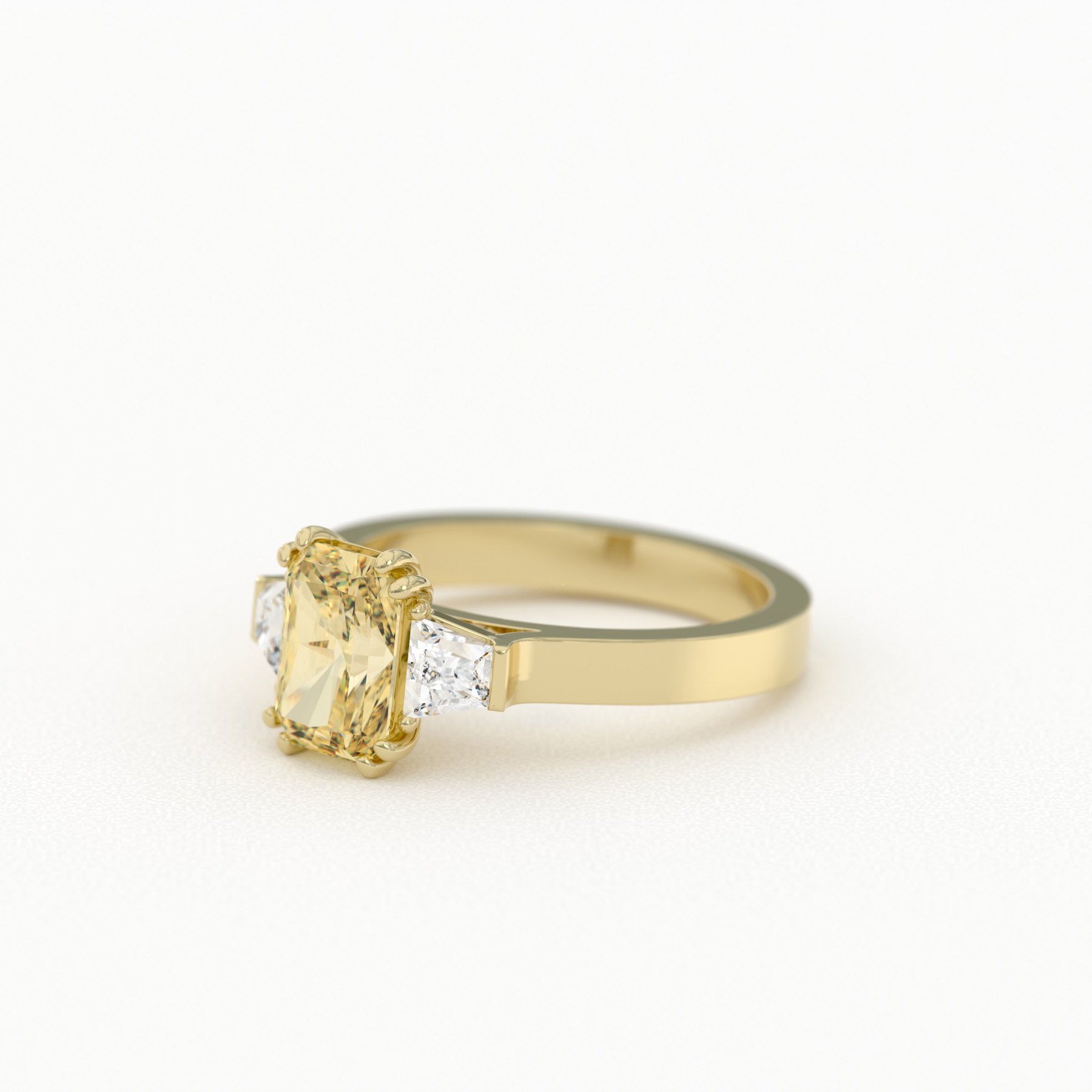 Champagne Cut Radiant 3-Stone Ring with Trapezoid Accents