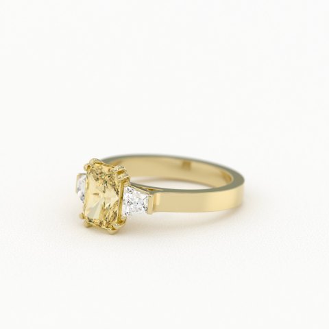 Champagne Cut Radiant 3-Stone Ring with Trapezoid Accents Product Photo