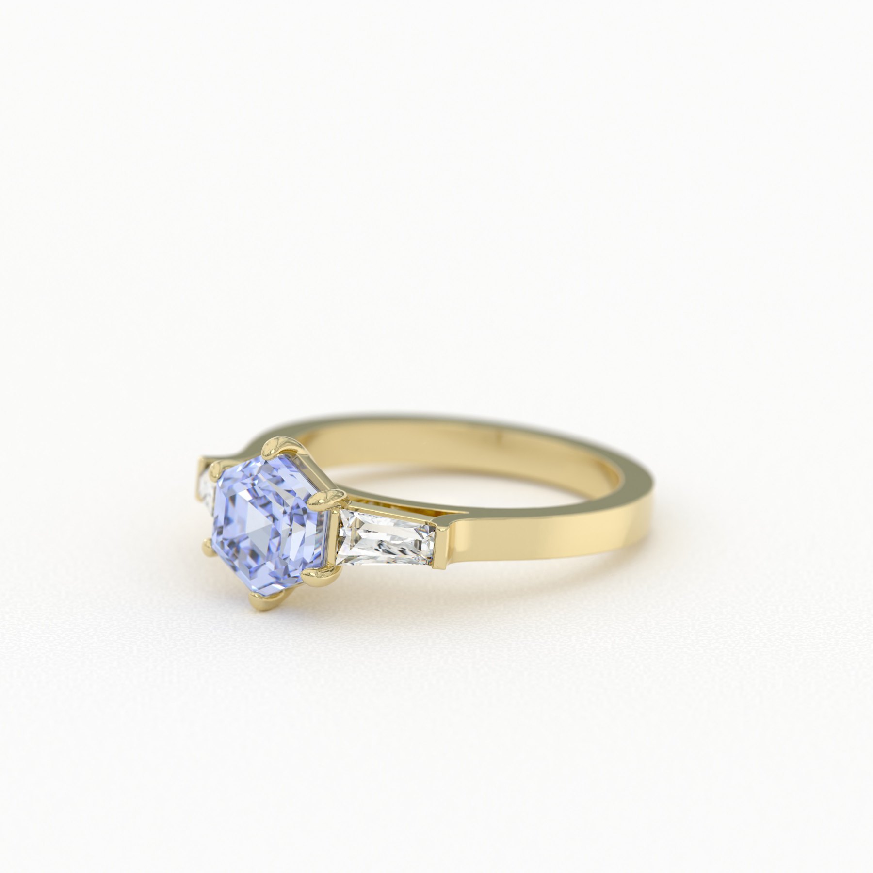 Lilac Hexagon Sapphire 3 Stone Ring with Tapered Baguettes