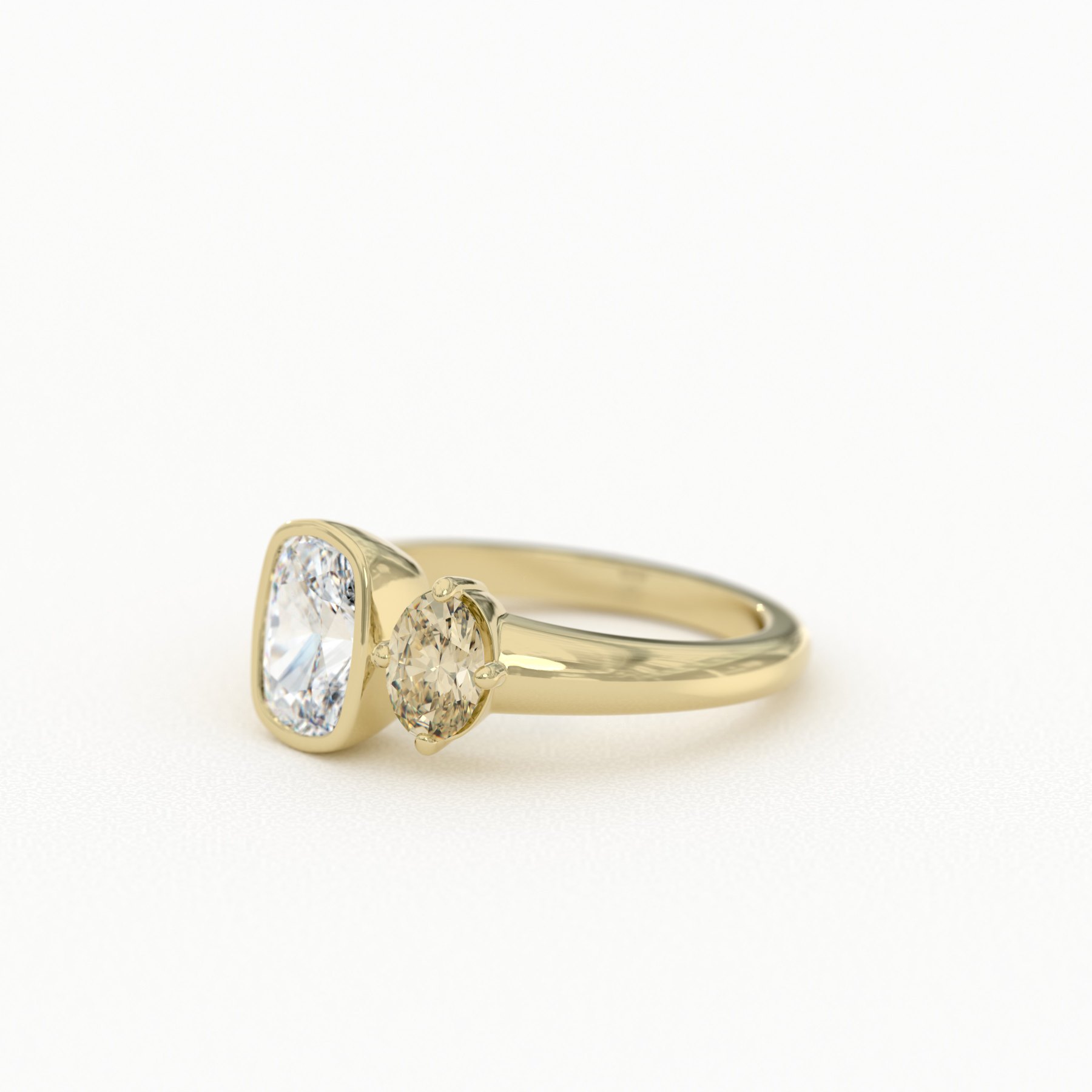 Two Stone Ring with Elongated Cushion Cut & 0.5ct Champagne Oval