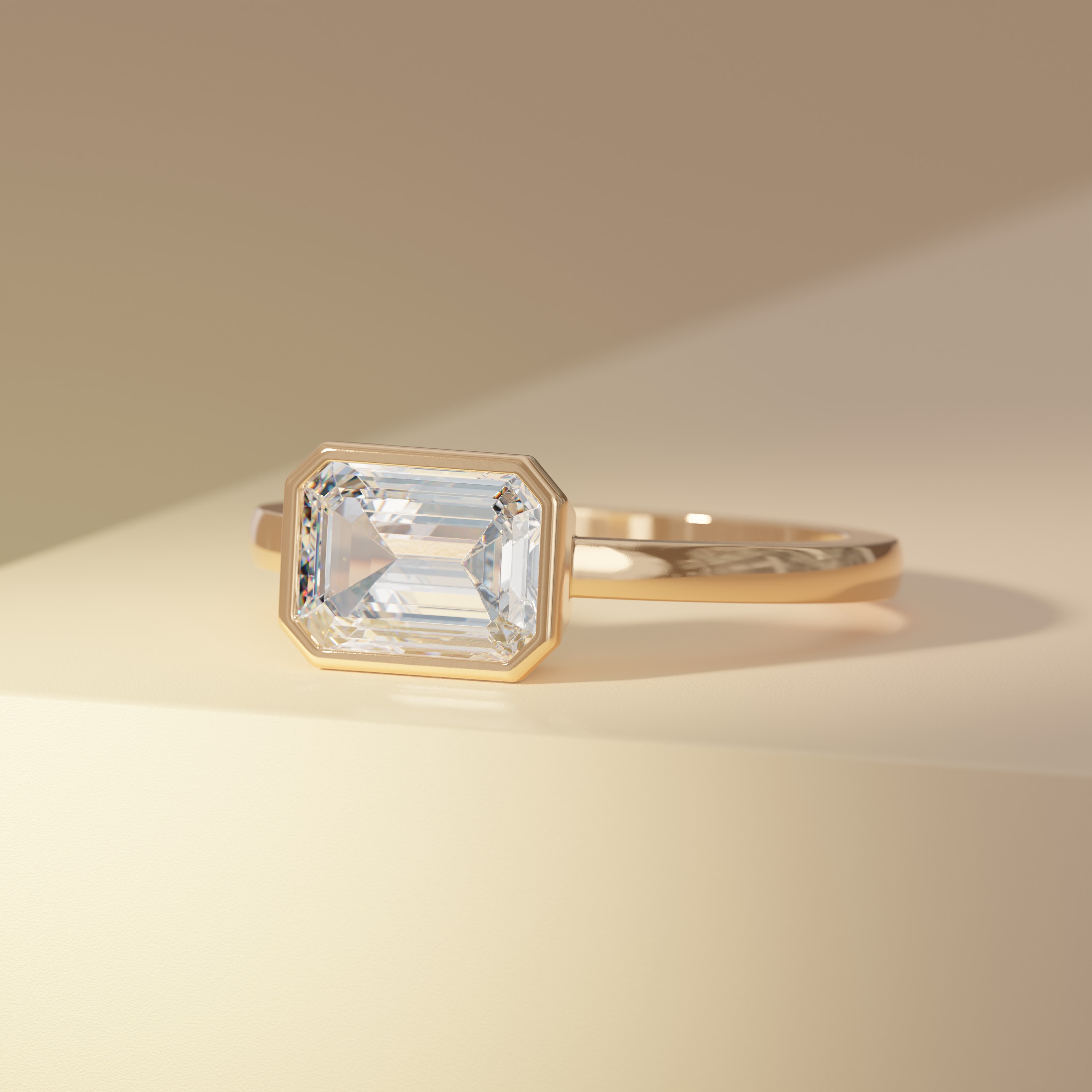 East-West Emerald Solitaire Full Bezel Engagement Ring Four Words