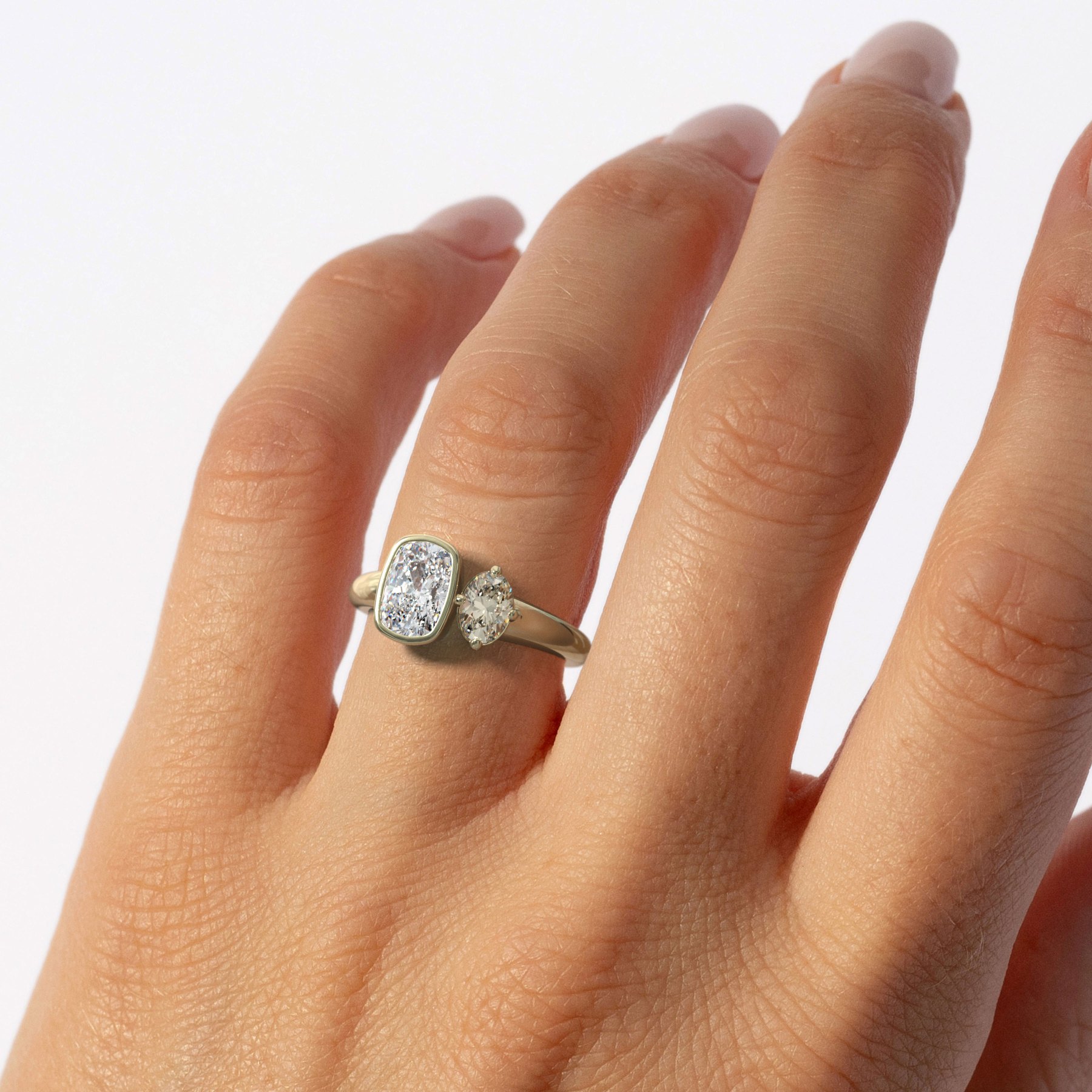 Two Stone Ring with Elongated Cushion Cut Champagne Oval