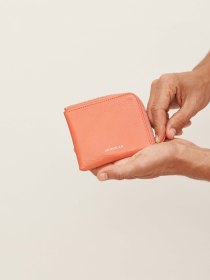 Leather half-zipped wallet - coral
