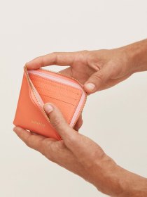 Leather half-zipped wallet - coral