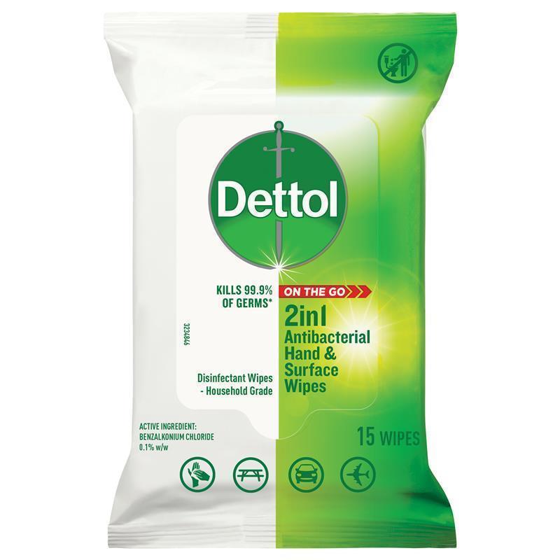 Dettol Hands and Surface Wipes 15pk 2 in 1 Antibacterial