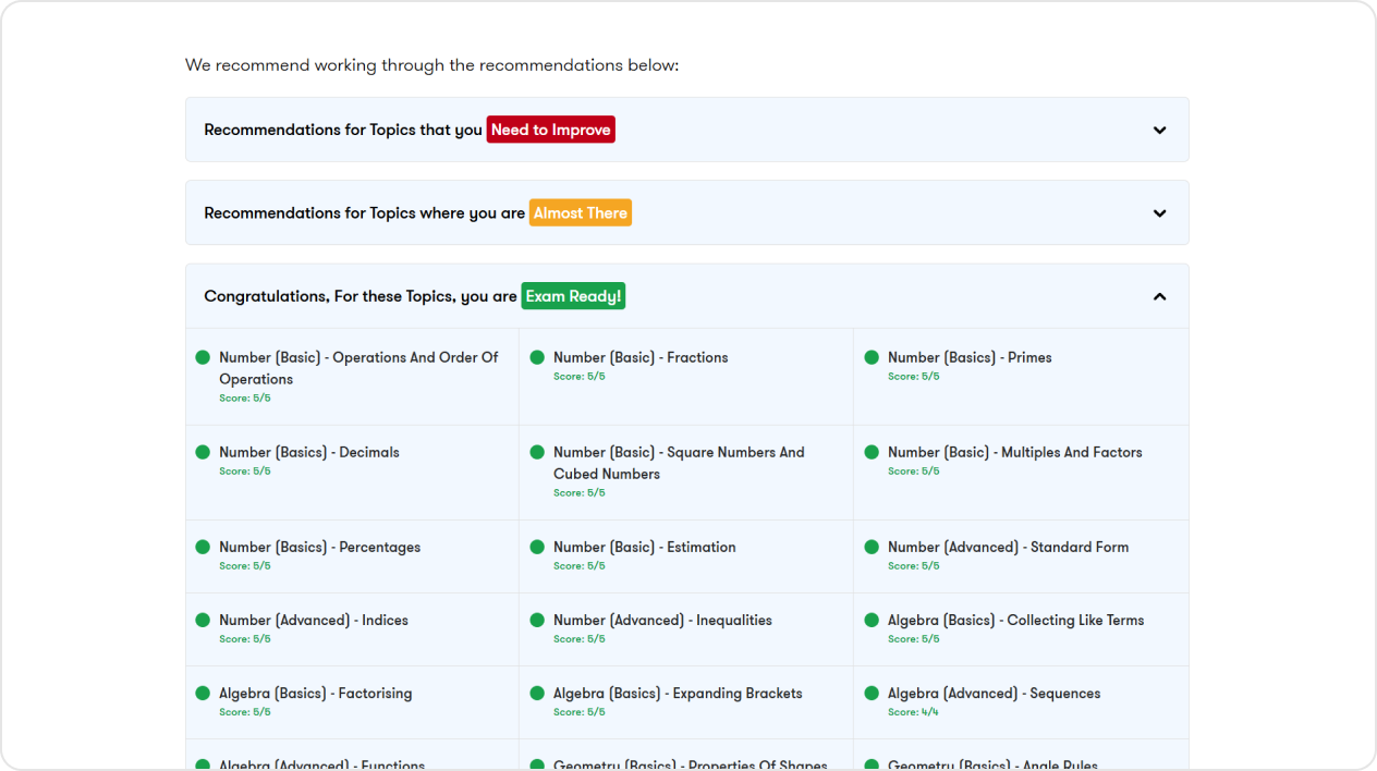 Targeted analysis of your child’s performance segmented by topic and level