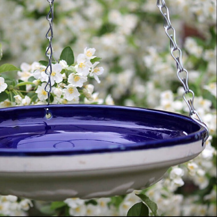 Glazed Blue Hanging Birdbath